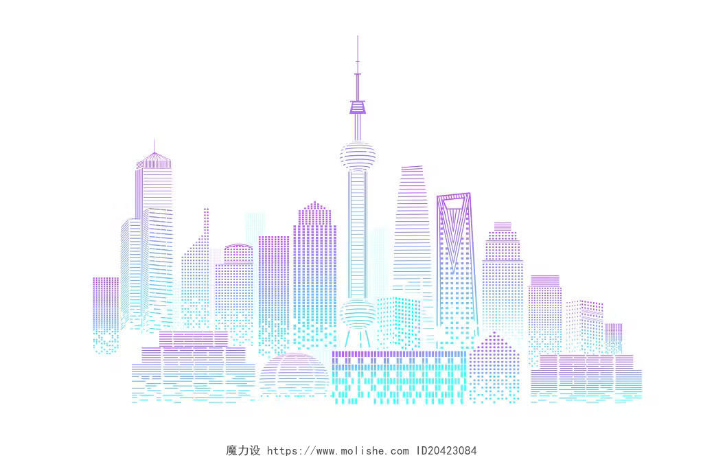 创意渐变波点上海城市建筑波点风建筑矢量元素